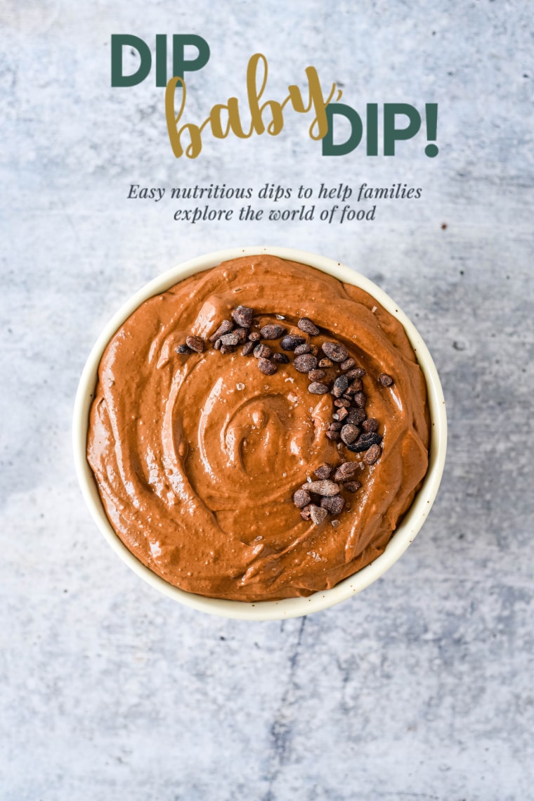 overhead view of bowl with chocolate black bean dip with text overlay reading 