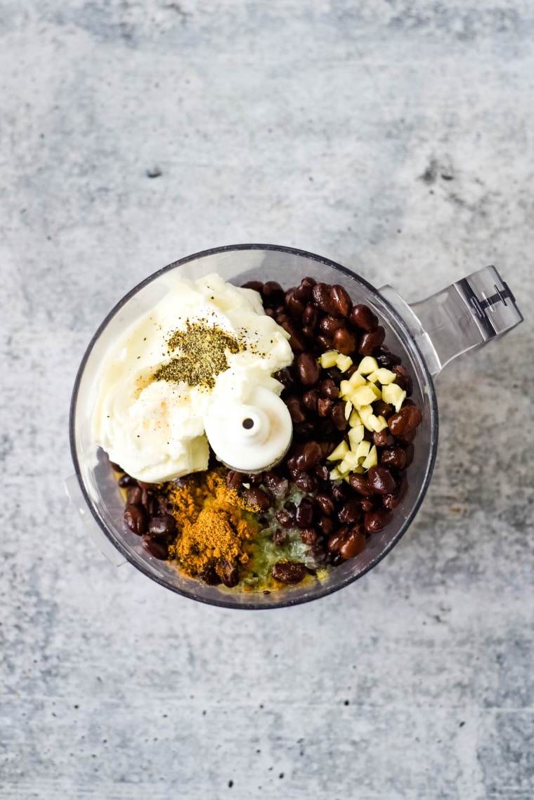 ingredients for black bean dip in processor bowl