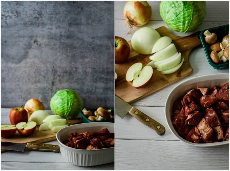 collage showing ingredients for lamb skewers on wooden cutting board - cabbage, apples, onions and lamb