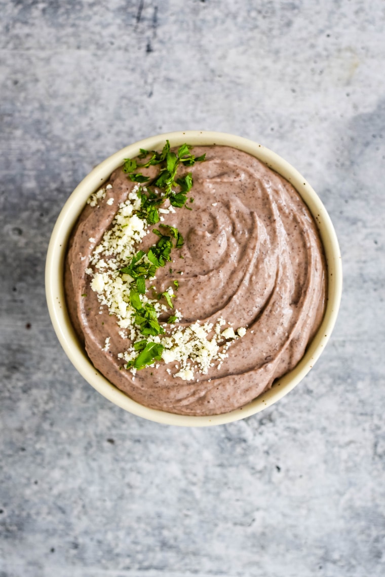 overhead view of black bean dip in bowl