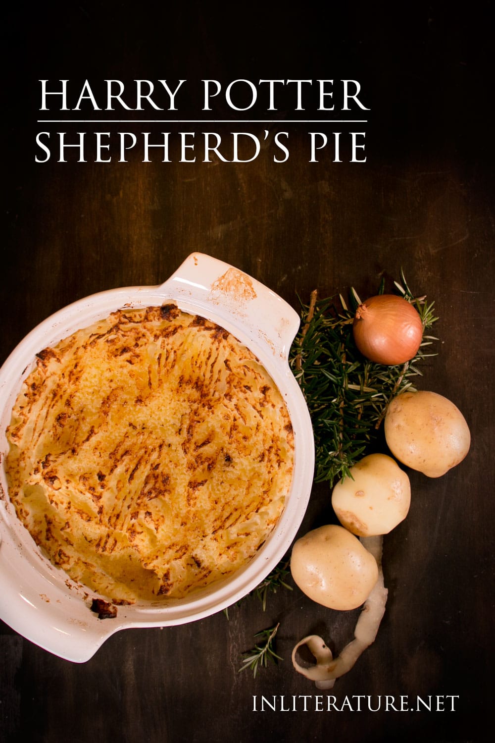 white baking dish with shepherd's pie, some potatoes beside the dish