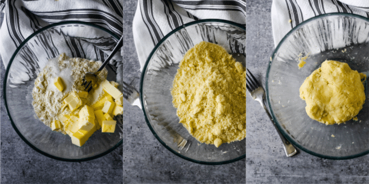 collage showing steps to make pastry dough - ingredients, mixing together, 