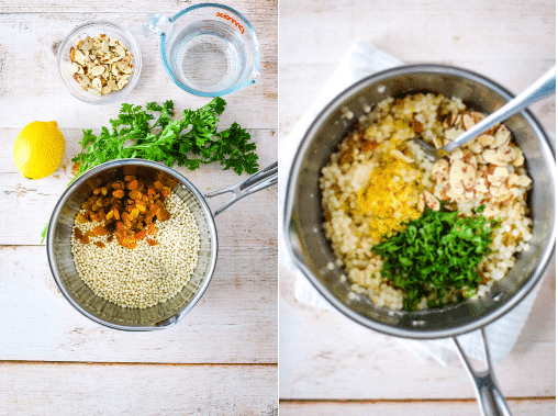 collage showing how to make lemon couscous - ingredients in pan before cooking, adding lemon zest and parsley after cooking