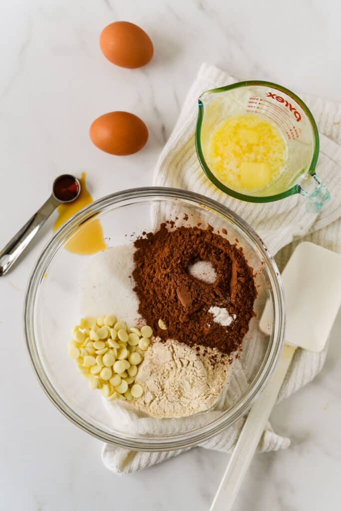 ingredients for brownies in glass bowl