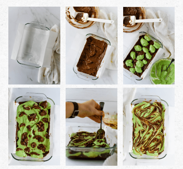 collage of images showing how to swirl brownie batter and matcha batter together