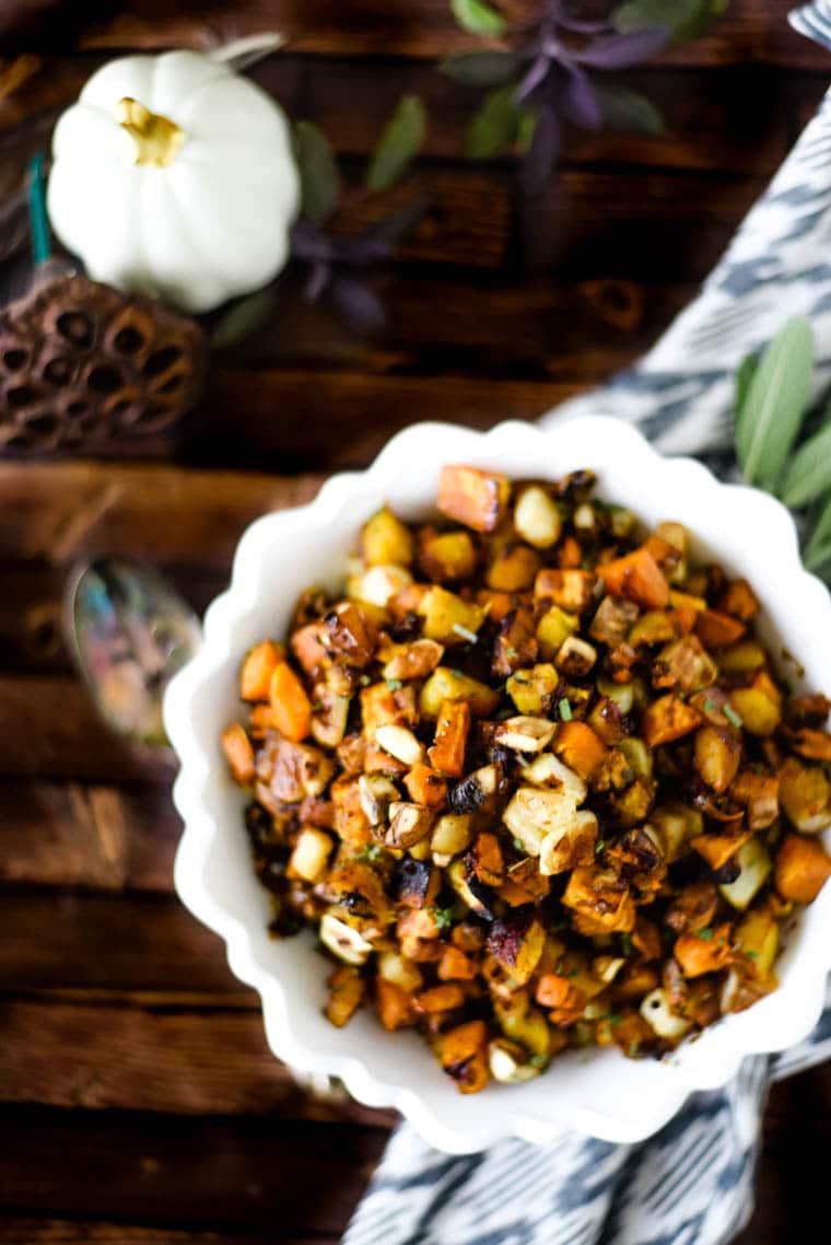 maple sage roasted vegetables in white serving bowl