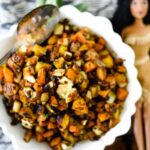 maple roasted fall vegetables in white bowl