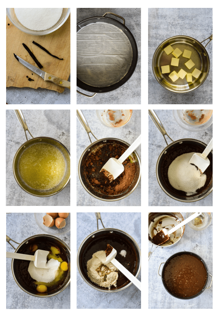 collage showing steps to make swedish chocolate cake - preparing pan, mixing batter, adding batter to the pan