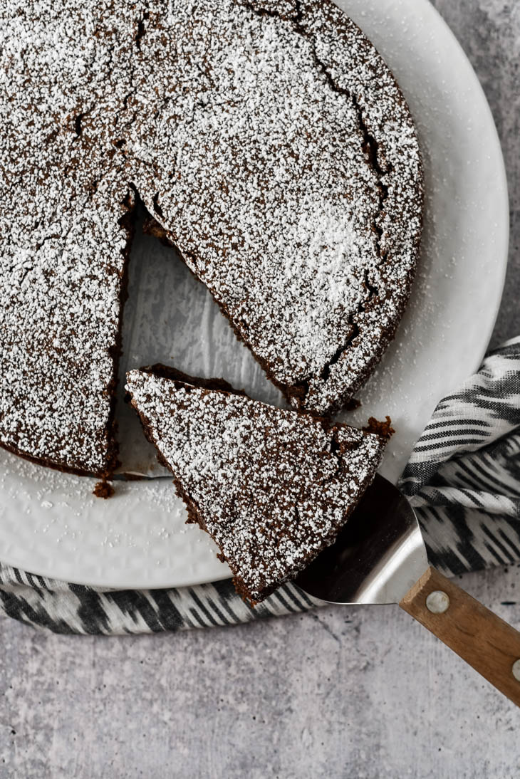 Kladdkaka cake with piece removed