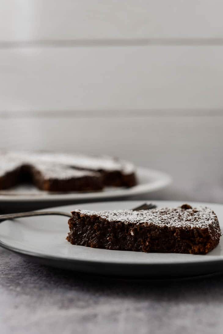 swedish chocolate sticky cake on white plate