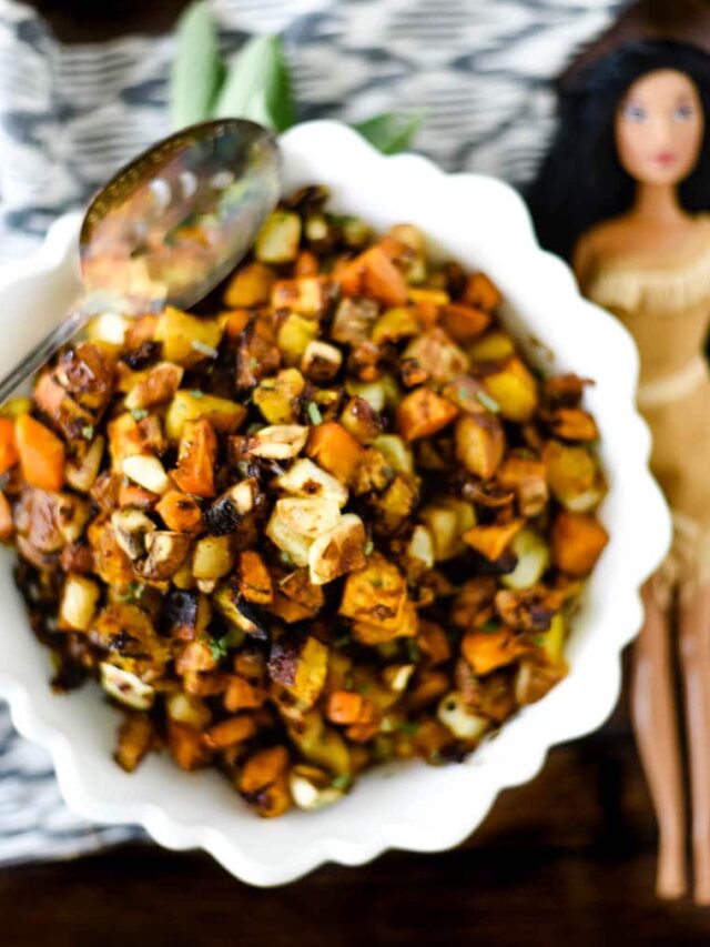 maple roasted fall vegetables in white bowl