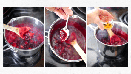 collage showing steps to make wojapi - placing berries in saucepan, and simmering down to correct thickness