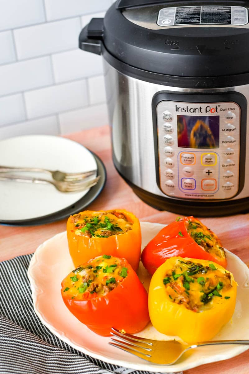 stuffed peppers in front of instant pot