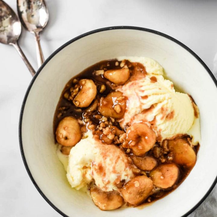 easy bananas foster in bowl with spoons