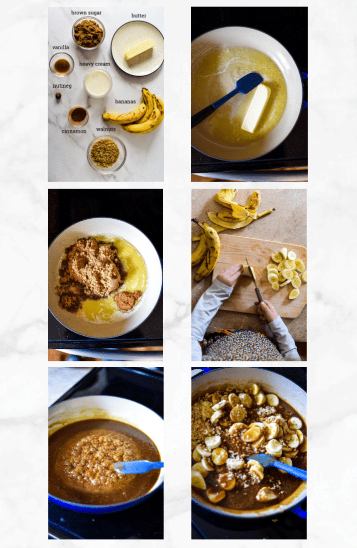 collage showing steps on how to make bananas foster