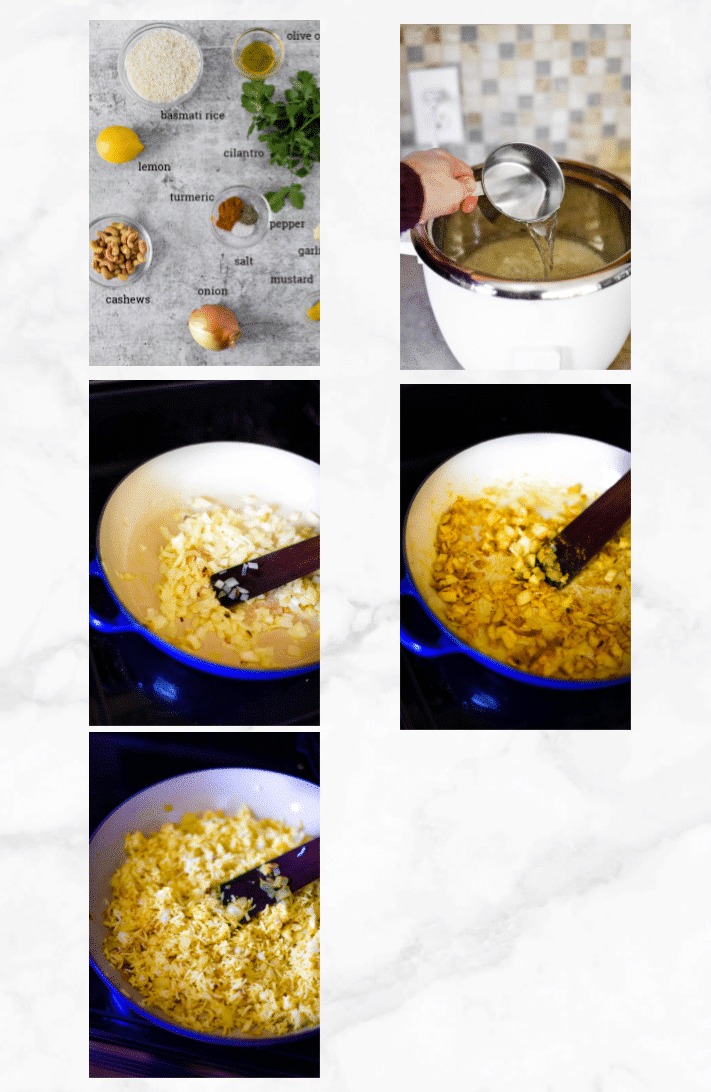 collage with steps for making lemon rice recipe