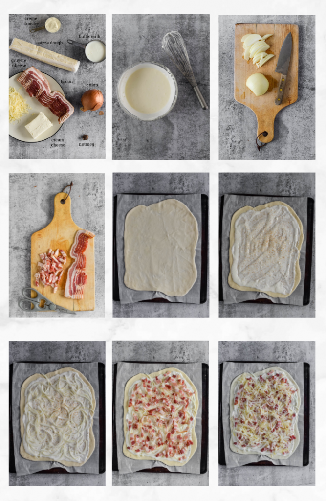 collage of images showing how to make french bacon and onion tart 