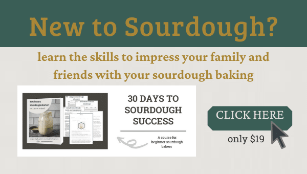 graphic for sourdough course - reads "new to sourdough? learn the skills to impress your family and friends with your sourdough baking. Click here".