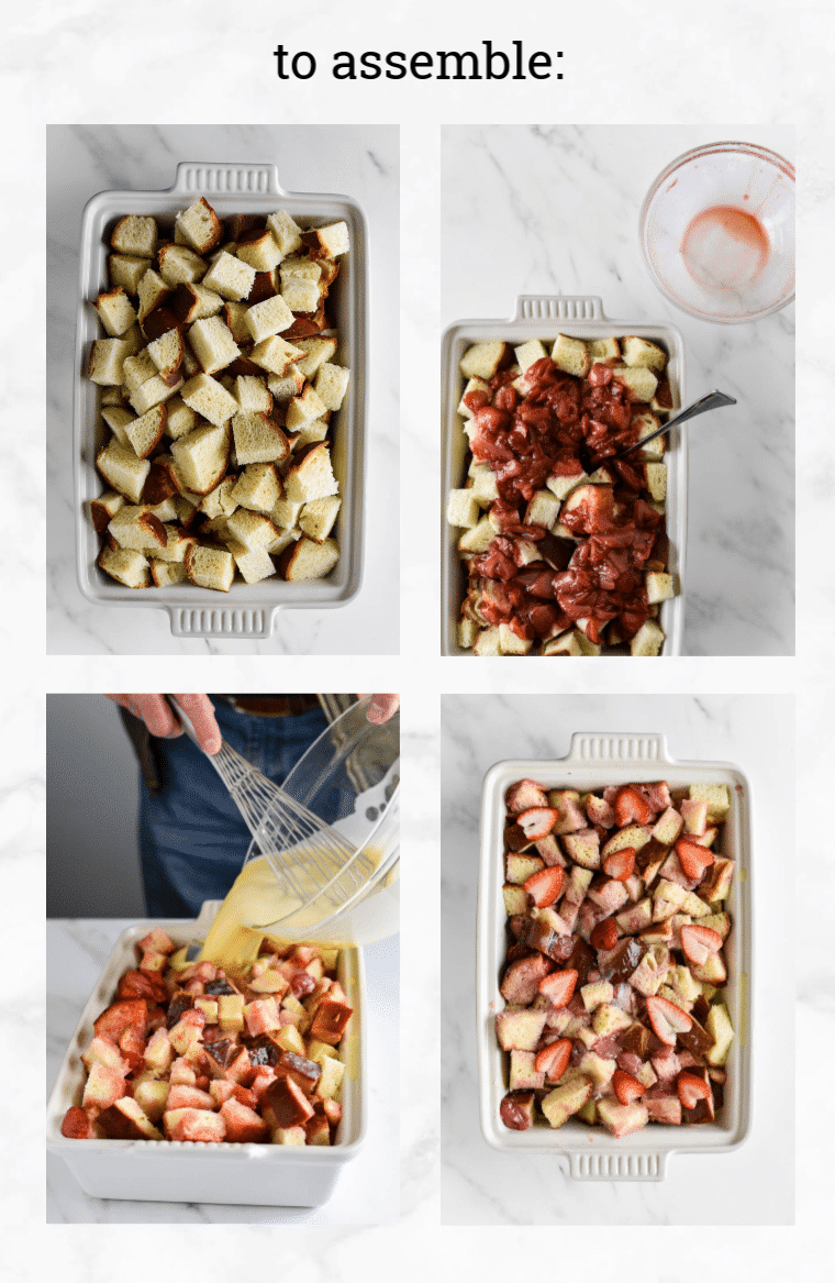 collage showing steps to assemble bread pudding