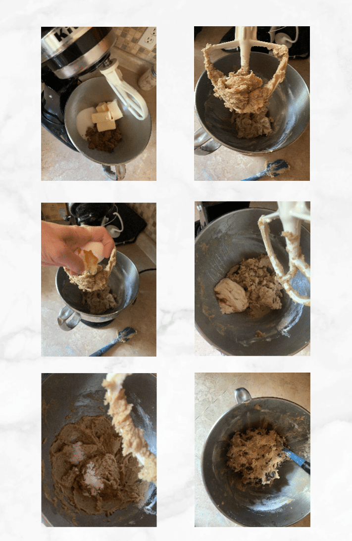 collage of images showing steps to make cookie dough in stand mixer