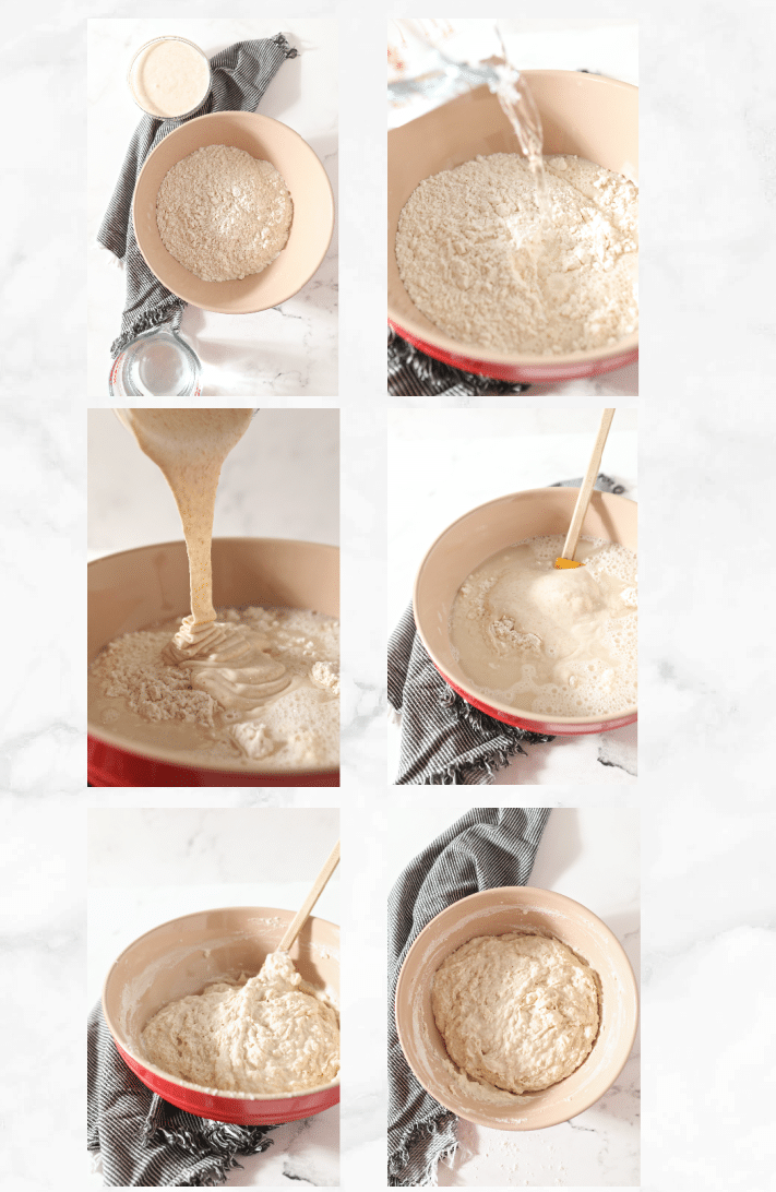 collage showing images for how to make sourdough pancake levain batter