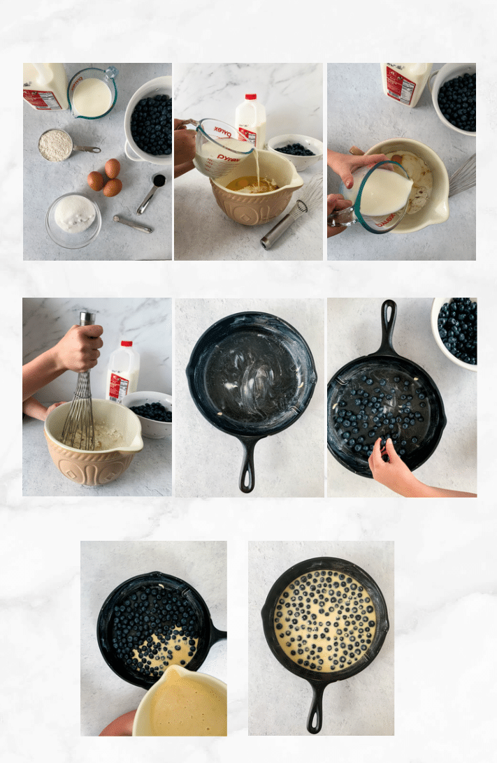 collage of images showing steps to make clafoutis - mixing batter, placing blueberries, and pouring batter