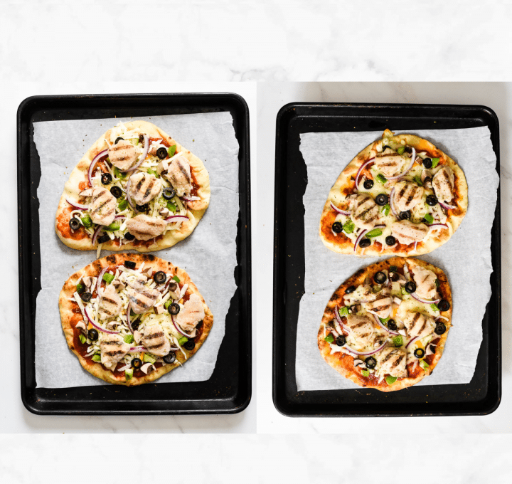 two baking pans with flatbread pizzas
