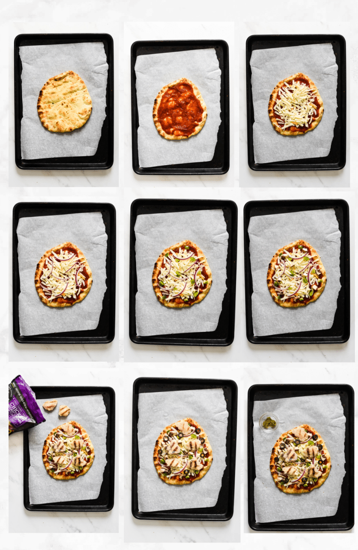 collage showing steps to make chicken flatbread pizza recipe