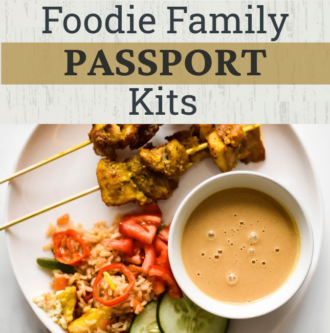 white plate with malaysian food and text overlay that reads "foodie family passport kits"