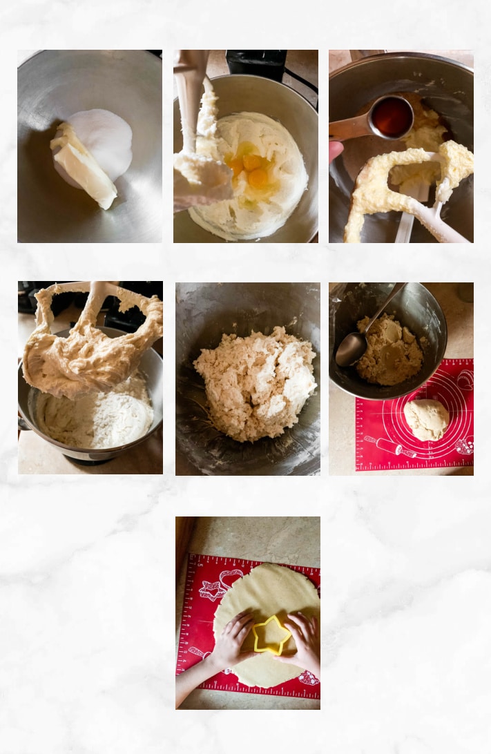 collage showing steps to make sourdough sugar cookies