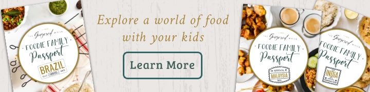 graphic image with images of foodie family passport kits and the words "explore a world of food with your kids" and a button that says "learn more"