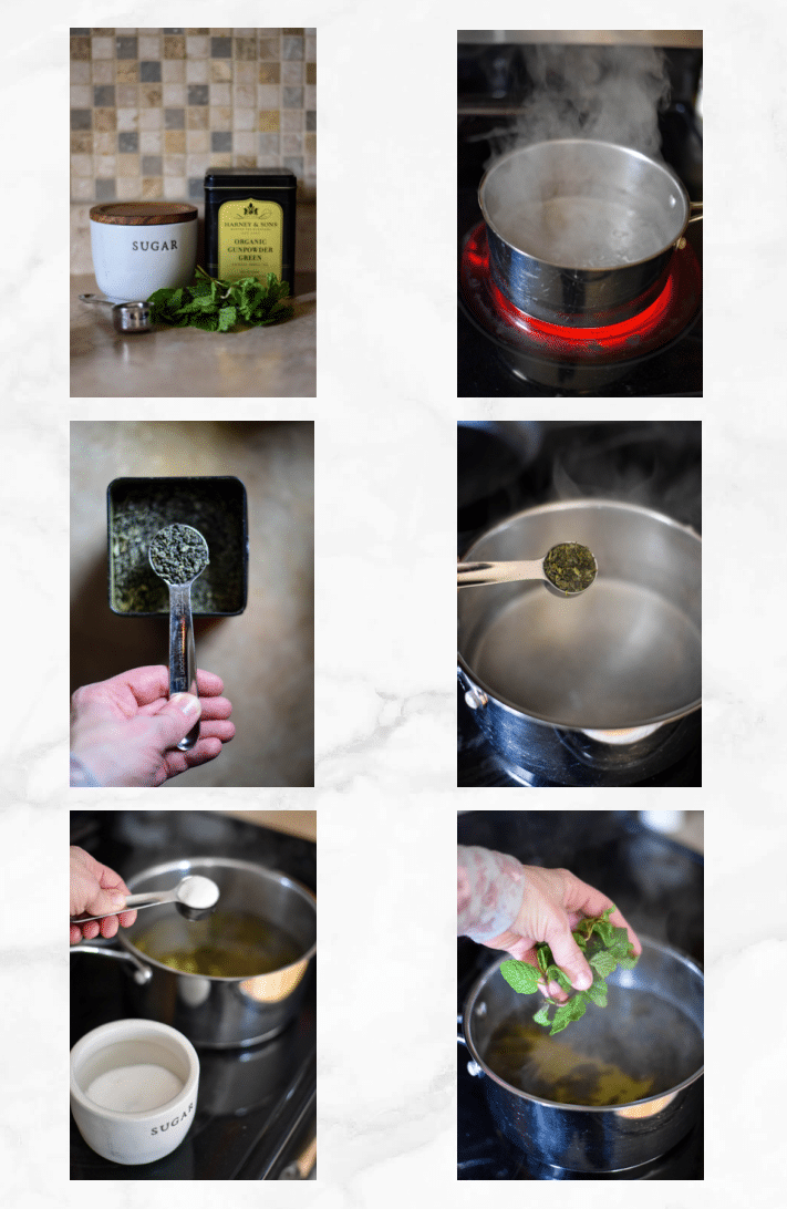 collage showing steps to make moroccan mint tea recipe