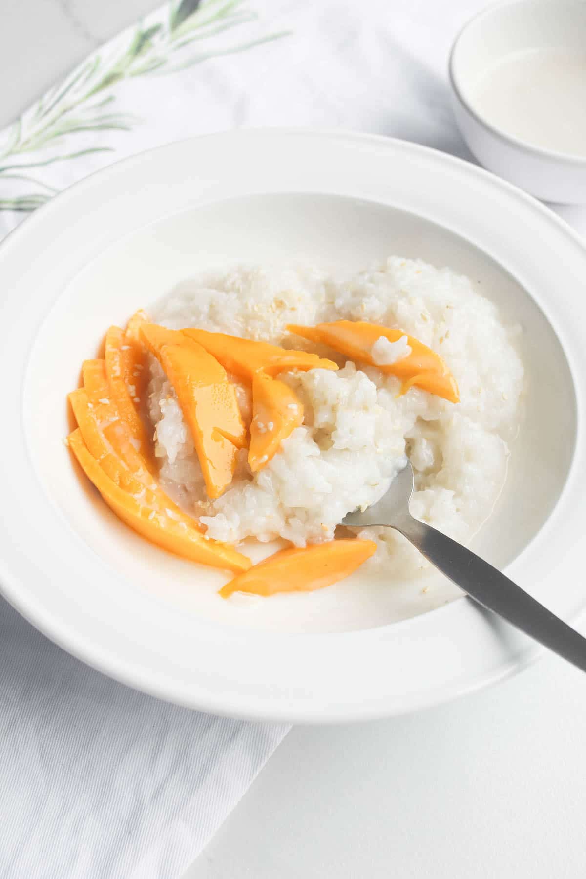 white bowl with spoon and rice and mango