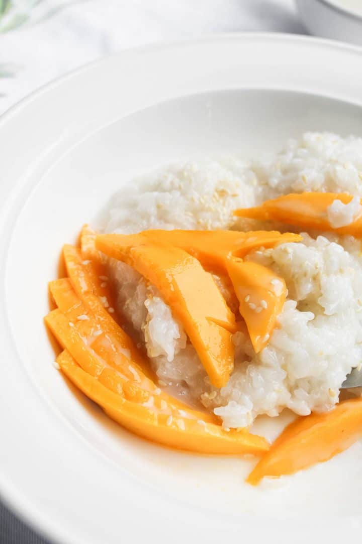 mango and thai rice in white bowl