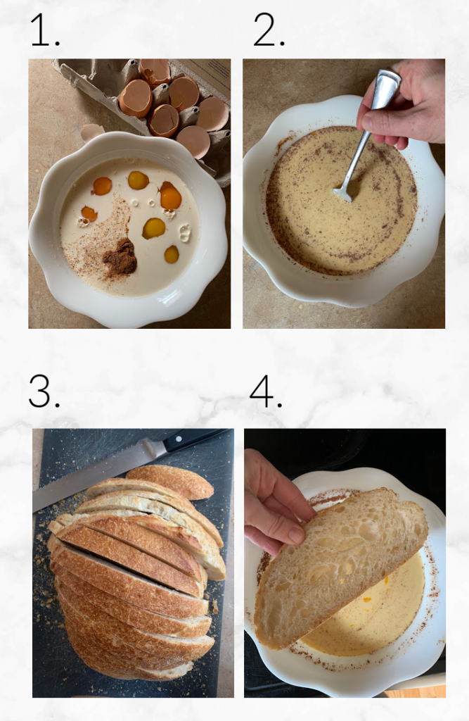 collage of images showing steps to make french toast (steps 1-4)