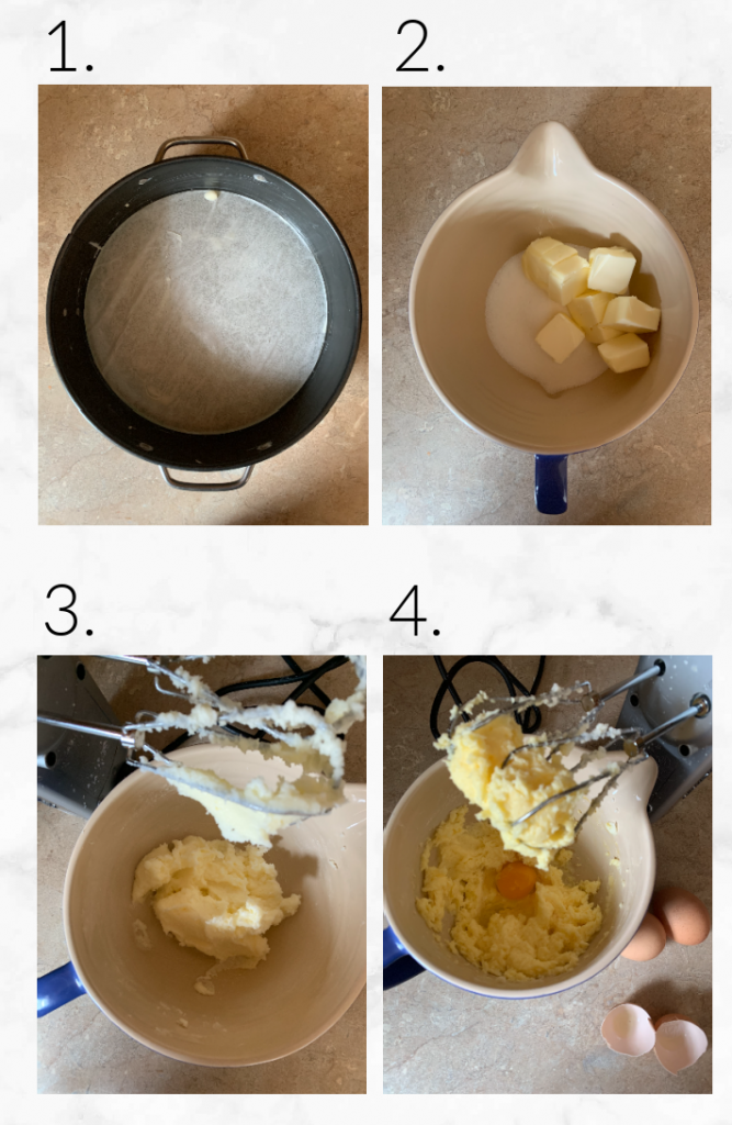 collage of images with first four steps to make pear almond cake