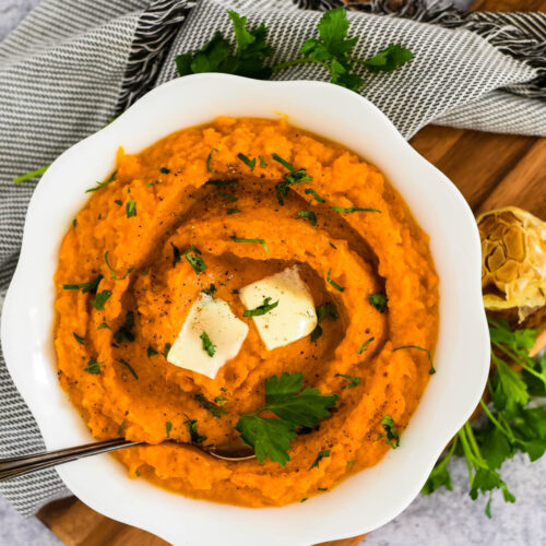 Roasted Garlic Mashed Sweet Potatoes The Gingered Whisk