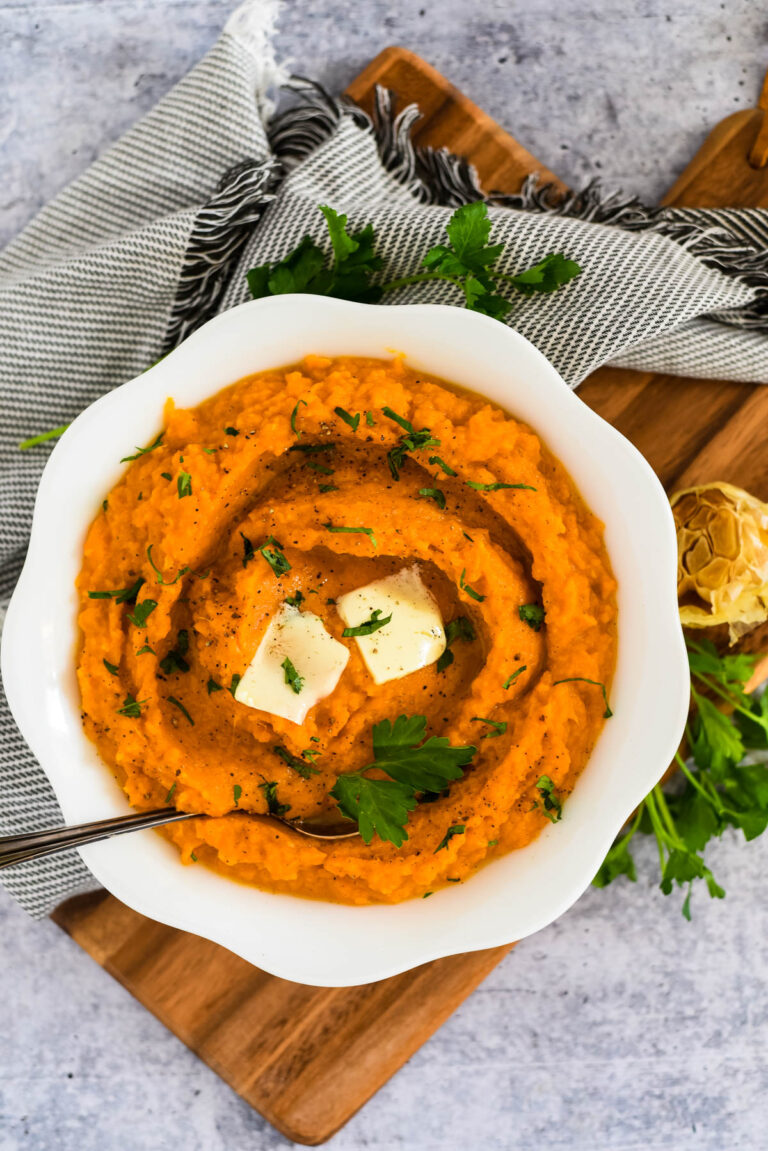 Roasted Garlic Mashed Sweet Potatoes The Gingered Whisk