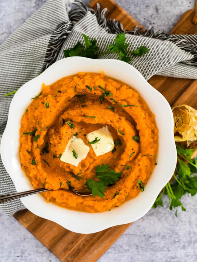 overhead view of sweet potatoes in bowl