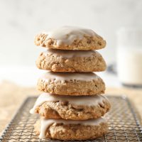 stack of five oatmeal cookies with icing