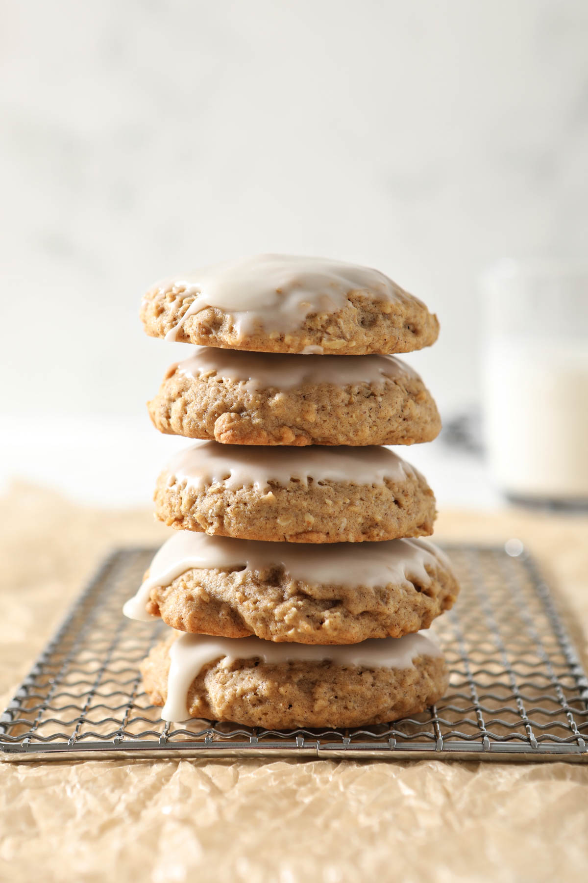 stack of five oatmeal cookies with icing