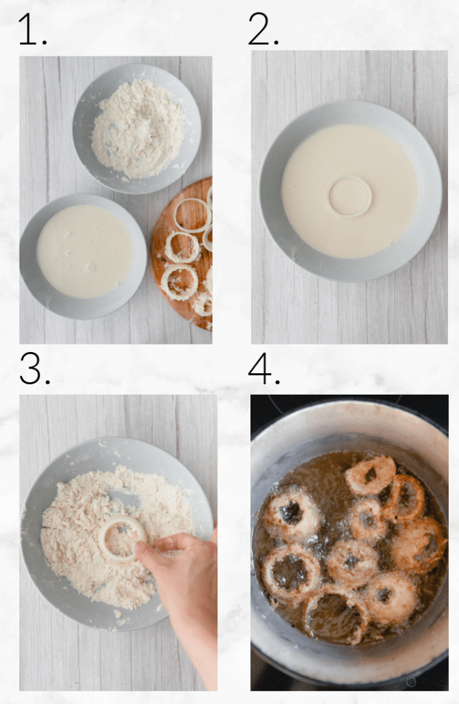 collage showing how to batter and fry sourdough onion rings