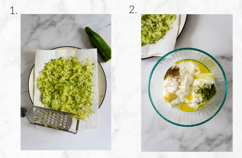 collage showing how to grate cucumber and mix tzatziki 