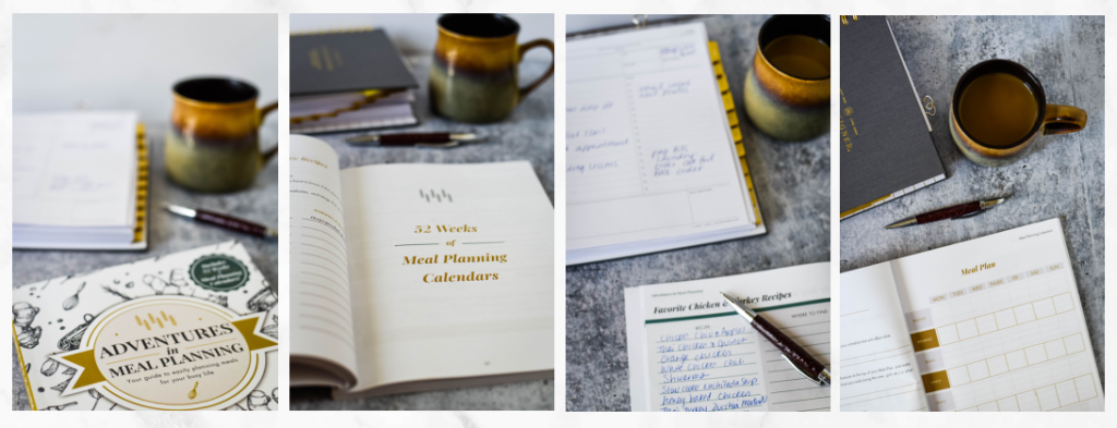 meal planning book on table with coffee and planner
