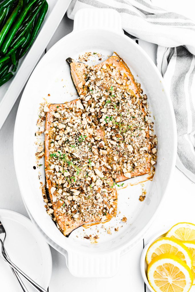 baking dish with oven baked trout 
