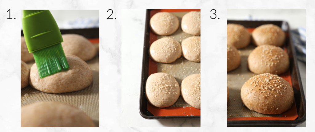 applying sesame seeds to buns before baking