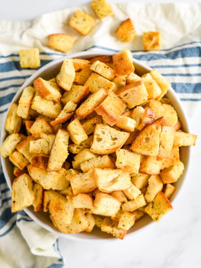 overhead view of bowl filled with croutons