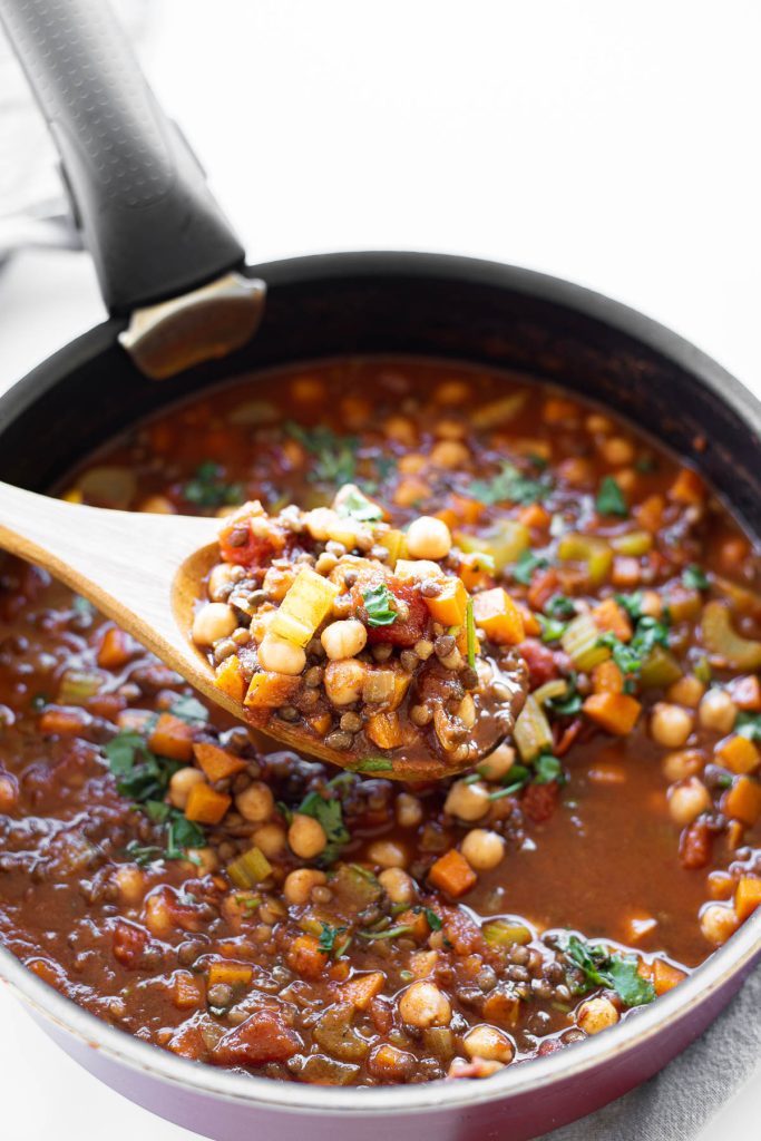 soup pot showing lentil soup while cooking