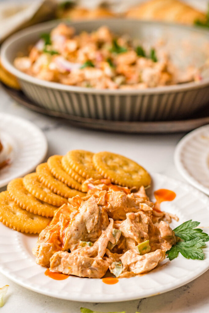 cajun chicken salad on plate with crackers