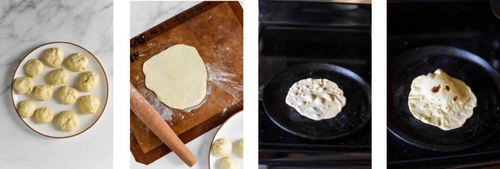 cooking homemade tortillas on cast iron skillet